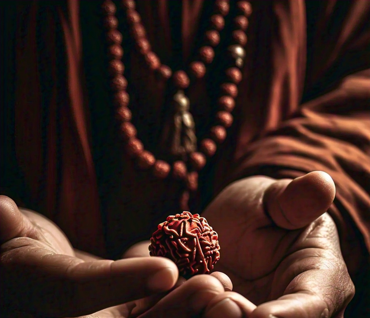 A close-up image of various Rudraksha beads, symbolizing their potential benefits for heart health and emotional balance