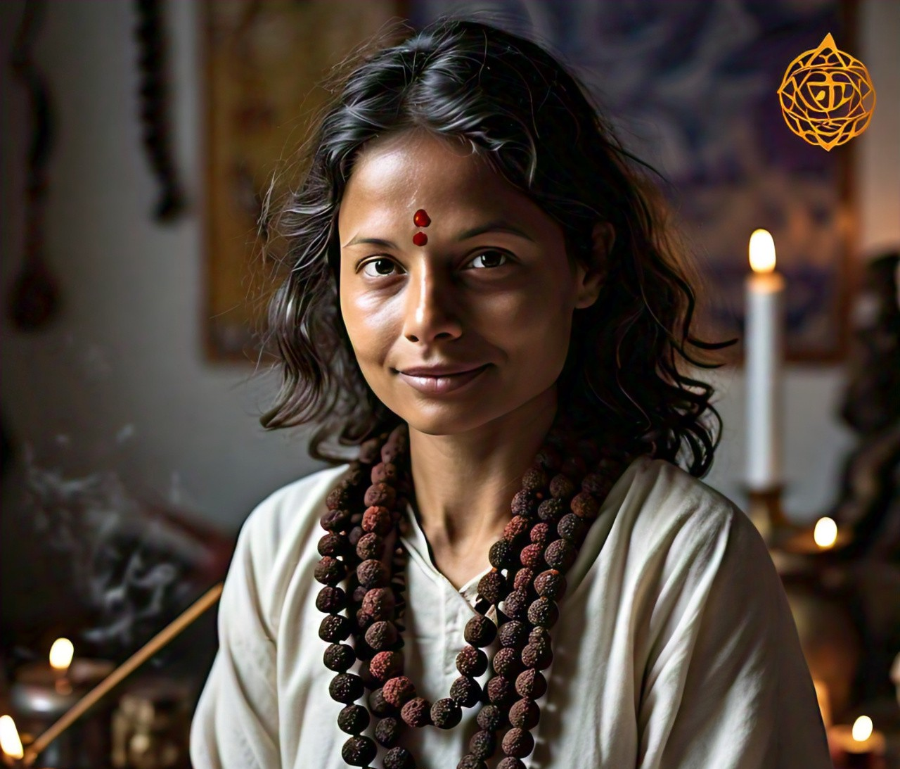 An image depicting a peaceful environment for mindfulness practices, with Rudraksha beads as a focal point for meditation and relaxation.