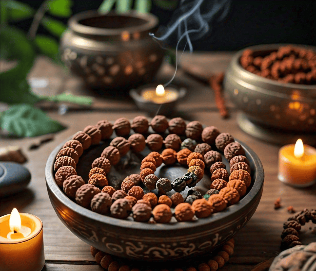 calming meditation setup featuring Rudraksha beads, candles, and a peaceful environment.